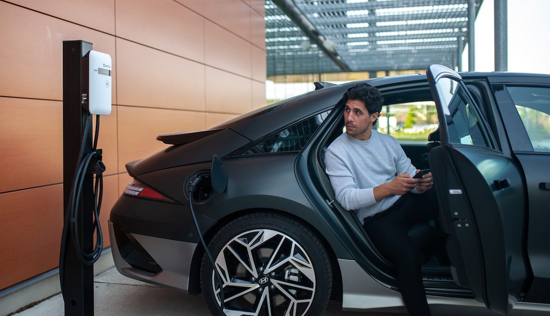 Demonstrates what an EV charger at a MURB can look like.